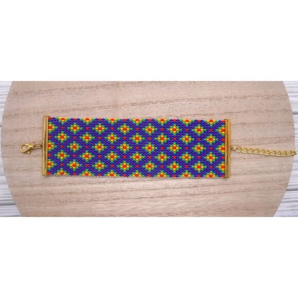 Loom Beaded Bracelet Blue, Green, Yellow & Red Print - Picture 2 of 4